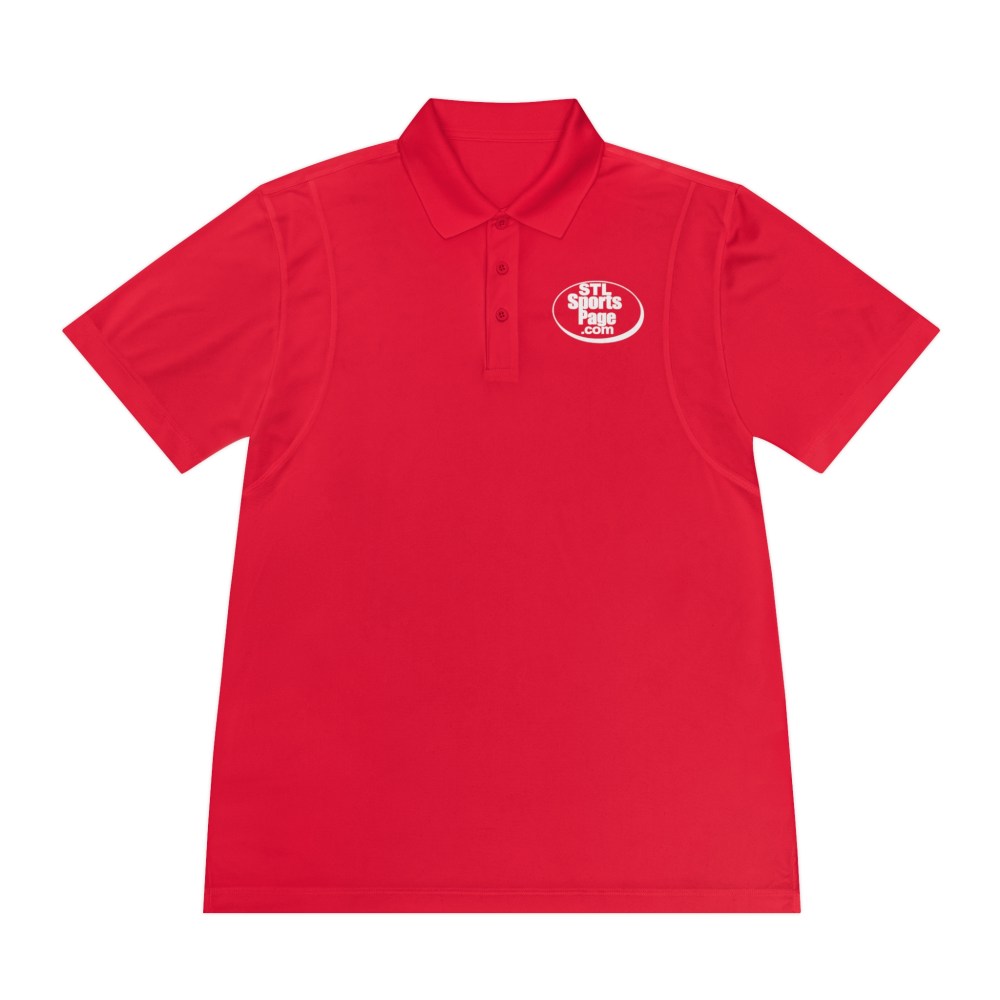 STL Sports Page Men's Sport Polo (screen printed) — 100% polyester, similar to Under Armour