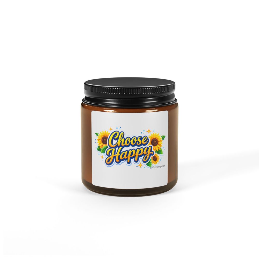 Choose Happy Soy Candle — Amber Jar Scented Candle with Sunflower Design