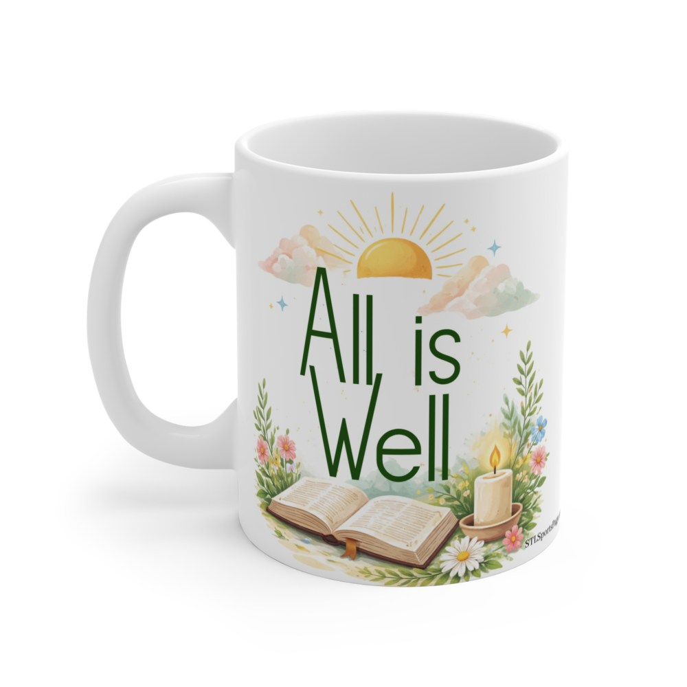 All Is Well Ceramic Mug — Inspirational 11oz Coffee Cup with Bible, Candle & Floral Design