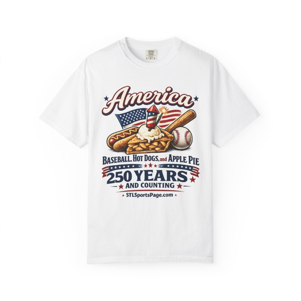 Patriotic America 250 Years Baseball, Hot Dogs & Apple Pie Tee