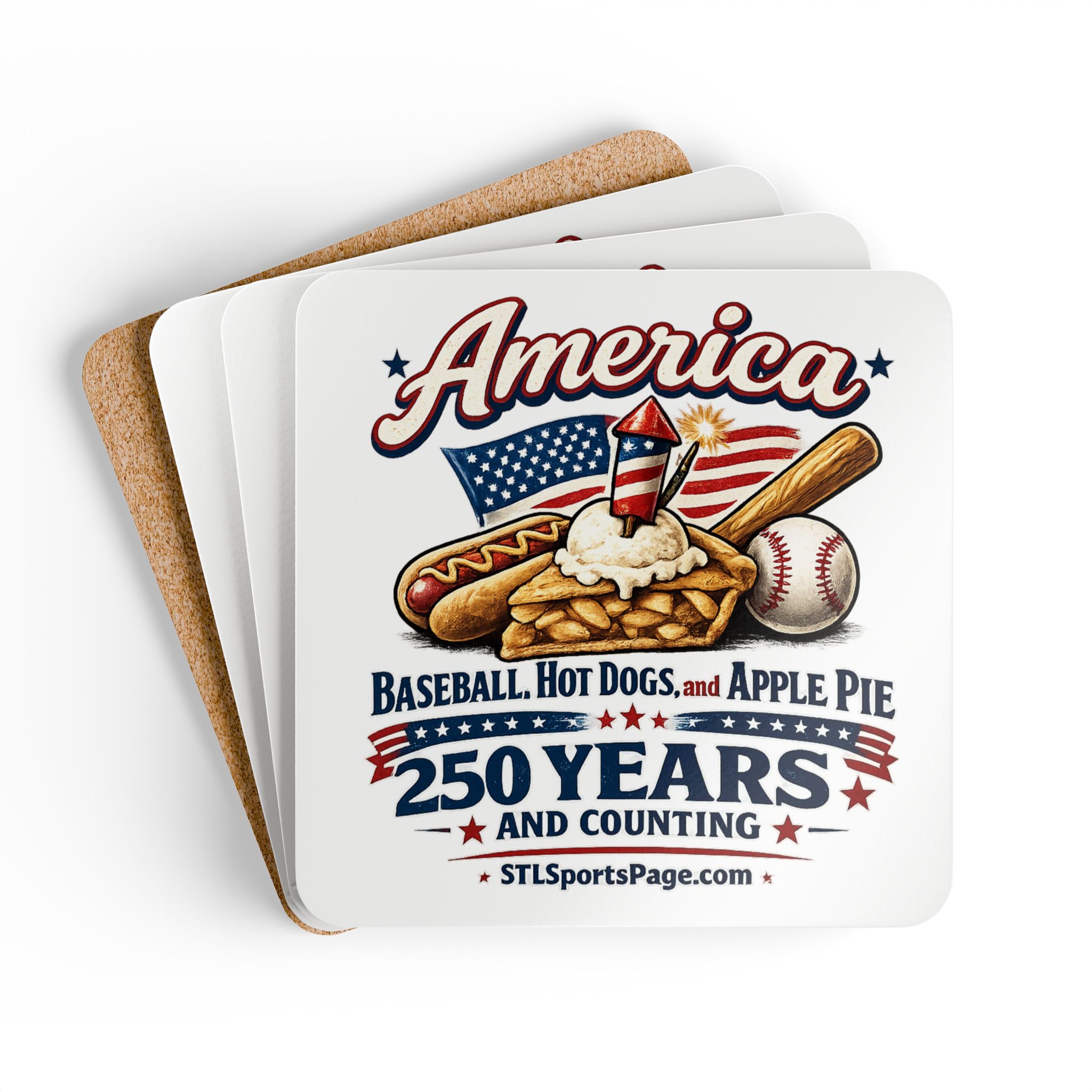 America 250 Years Coaster Set – Baseball, Hot Dogs & Apple Pie , STLSportsPage.com Cork Coasters (Set of 4) - Image 3